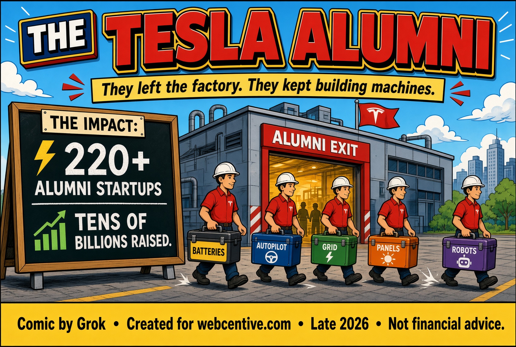 The Tesla Alumni comic page 1 of 4, factory exit scene, late 2026