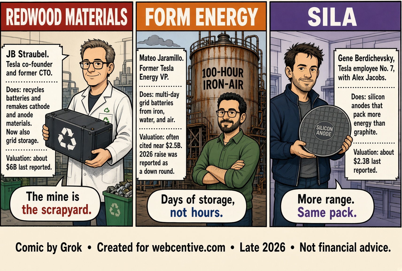 The Tesla Alumni comic page 2 of 4, Redwood Materials, Form Energy, and Sila