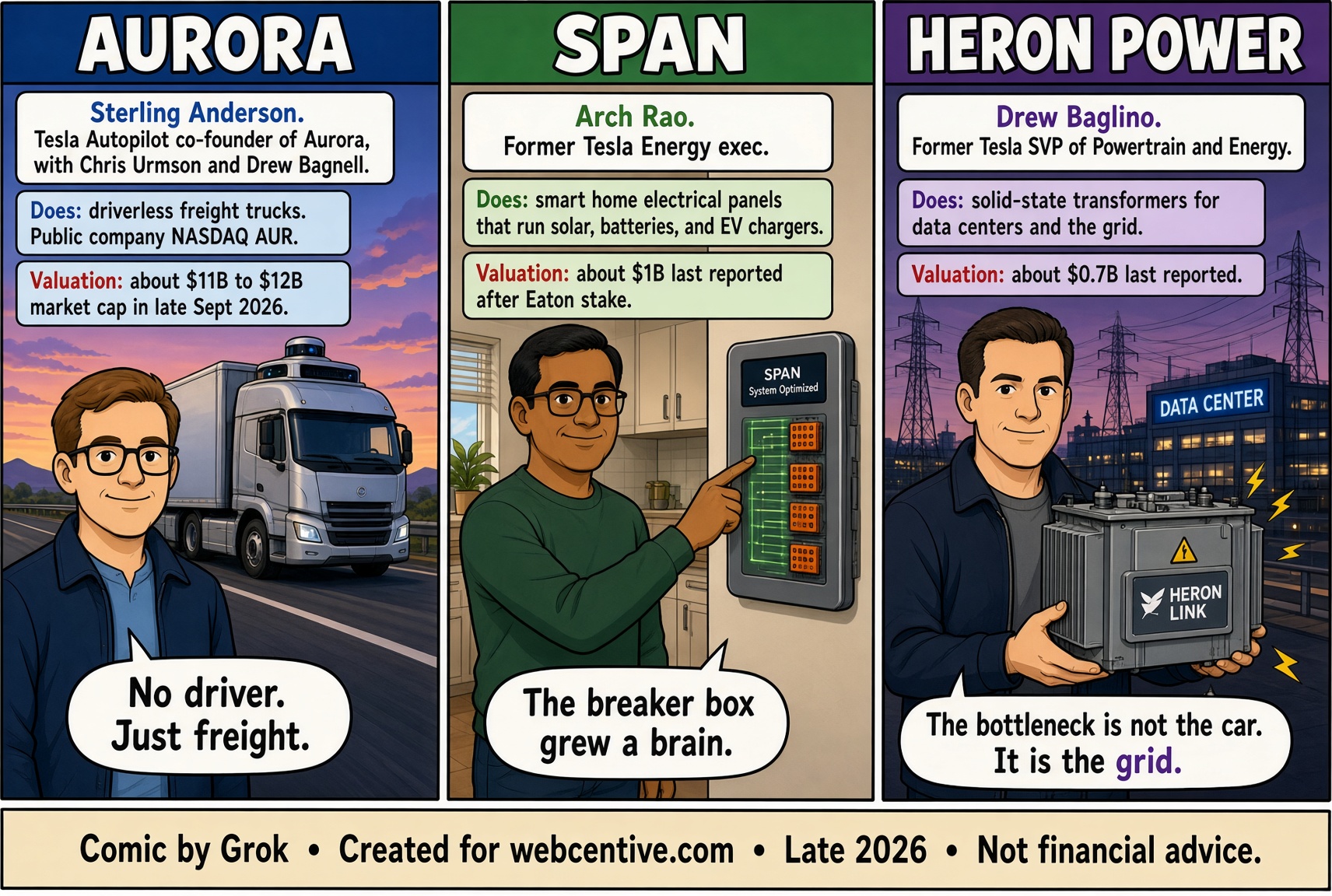 The Tesla Alumni comic page 3 of 4, Aurora, Span, and Heron Power